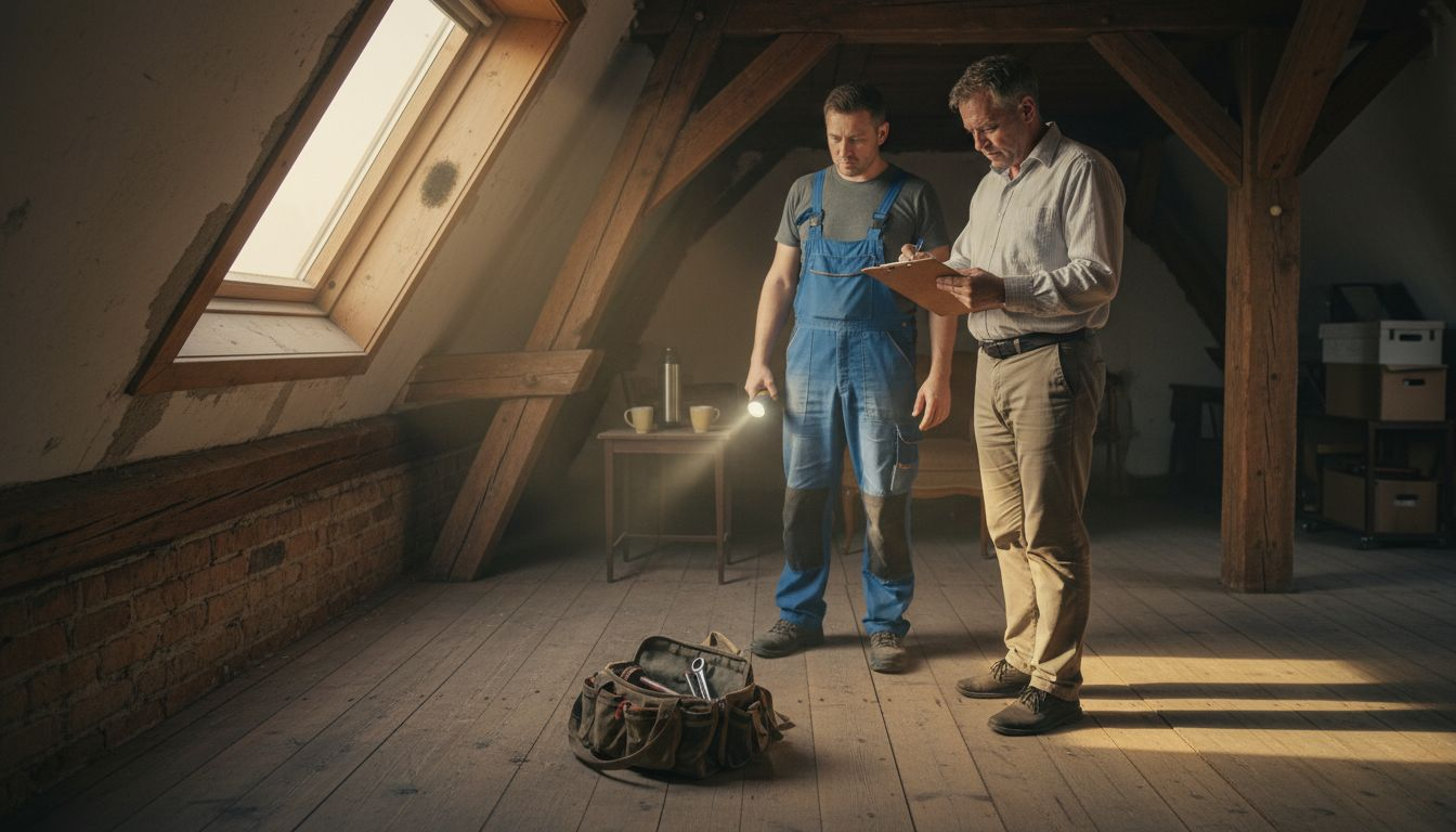 Bei einer Dachbegehung eines Altbaus machen sich der Hausverwalter und der Handwerker gemeinsam ein Bild vom Zustand des Daches.
