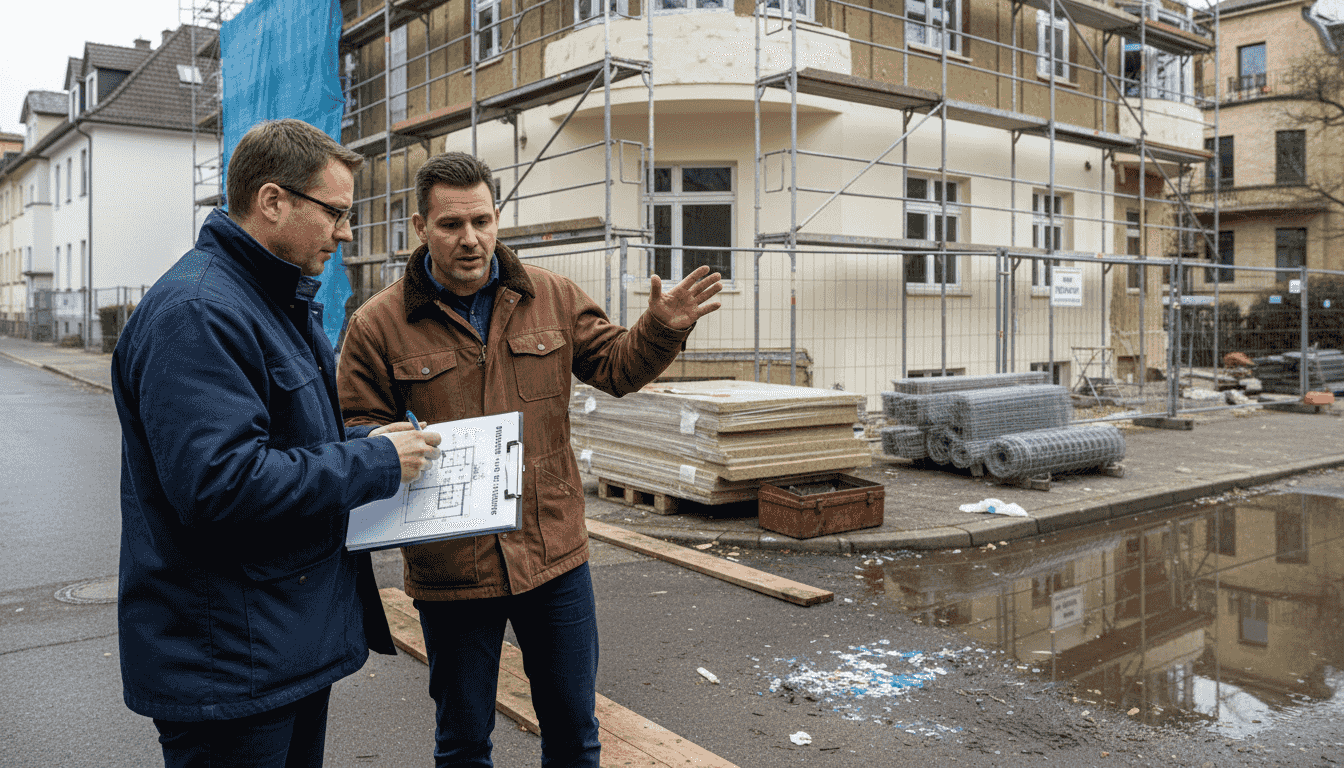 Die Eigentümer beraten direkt auf der Baustelle über nachhaltige Modernisierungsmöglichkeiten.