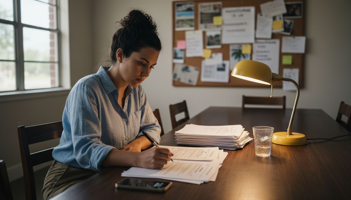 Eine Frau nimmt die Teilungserklärung genau unter die Lupe und überprüft die Dokumente sorgfältig.