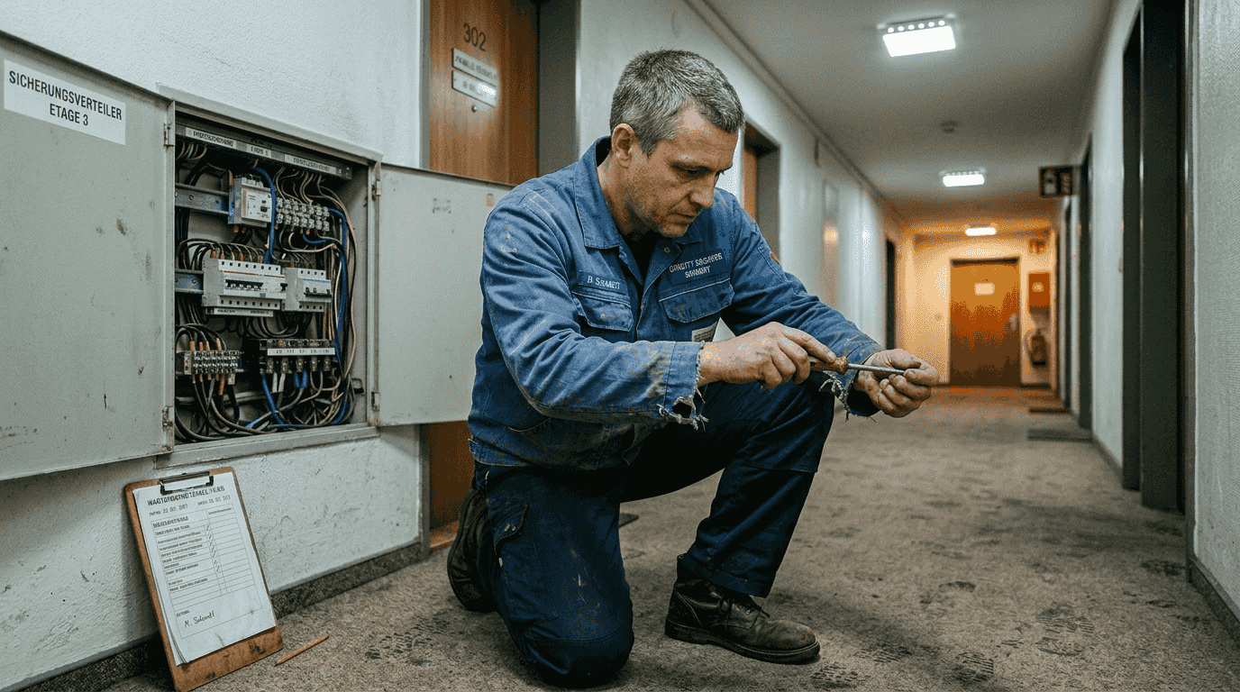 Haustechniker bei der Wartung des Sicherungskastens