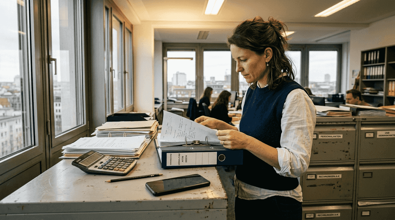 Eine Mitarbeiterin ordnet Abrechnungen in einem Aktenschrank und sorgt für Übersicht im Büro.