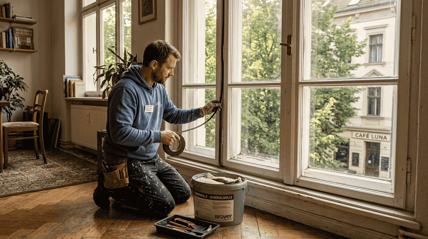 Ein Handwerker bringt in einer Wohnung Dämmmaterial an.