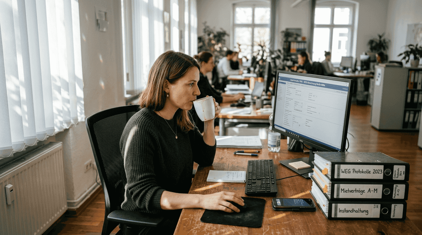 Eine Frau arbeitet am Schreibtisch mit einer Software zur Immobilienverwaltung.