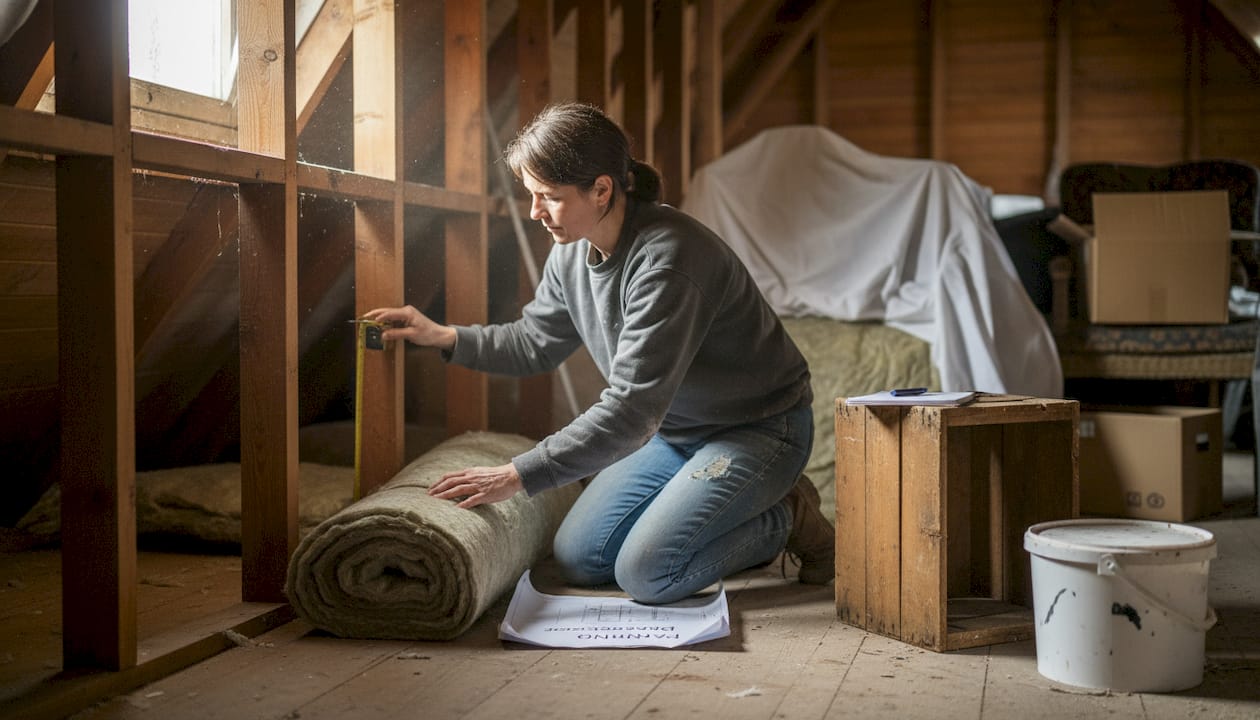 Eine Frau plant den Ausbau ihres Dachbodens und studiert dazu aufmerksam die Baupläne.