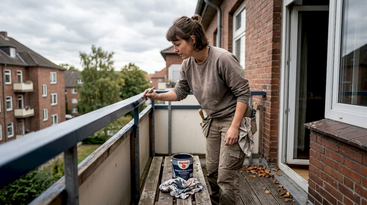 Eine Wohnungseigentümerin lackiert das Balkongeländer, das zu ihrem Sondereigentum gehört.
