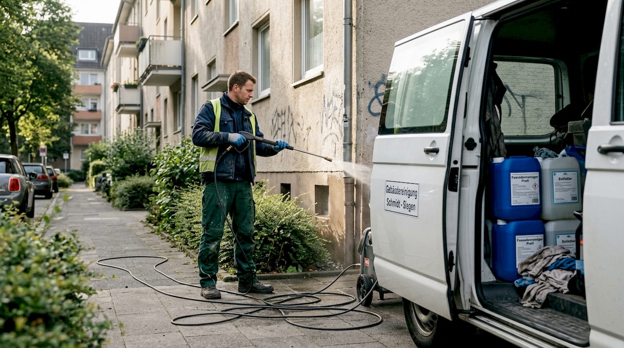 Ein Fachmann reinigt die Gebäudefassade mit einem Heißwasser-Hochdruckreiniger.