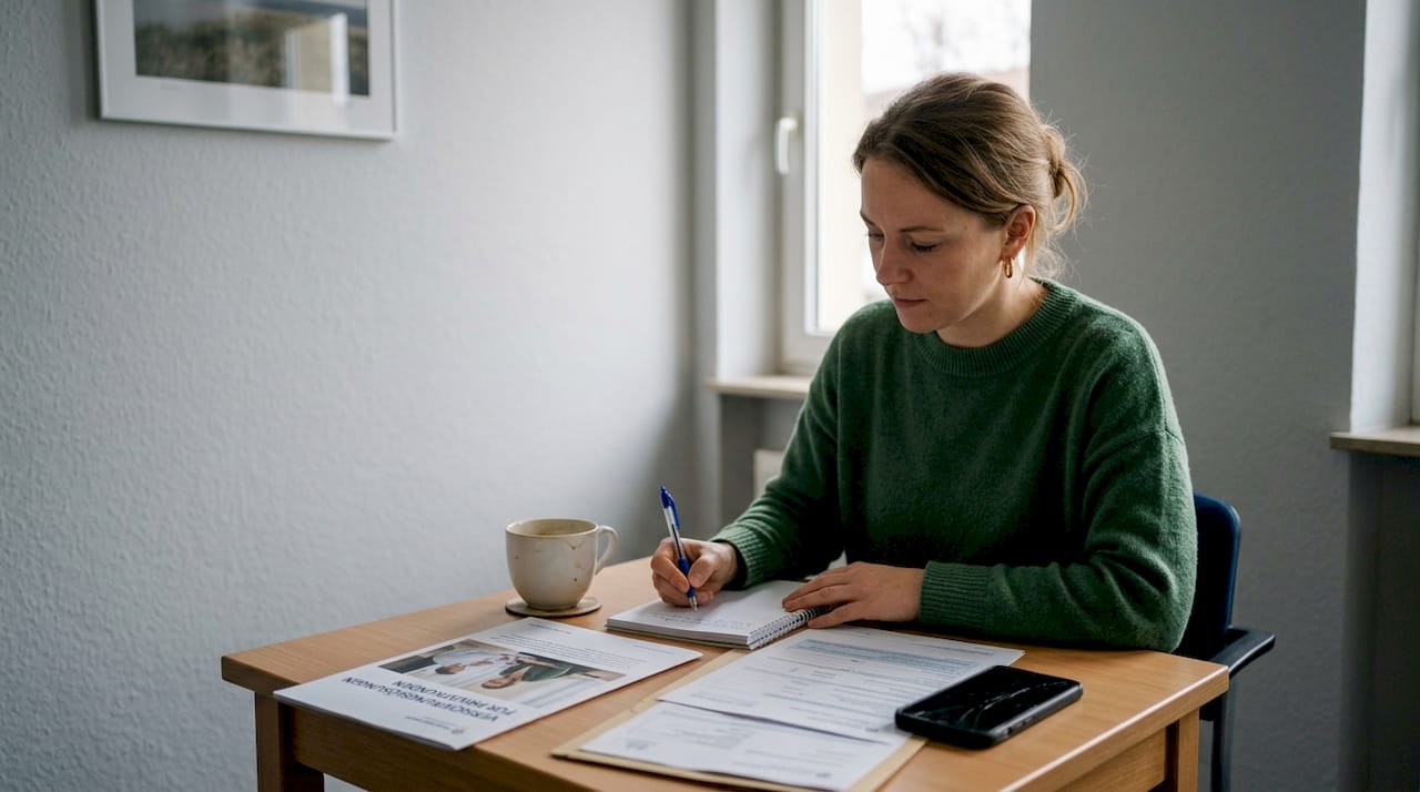 Eine Kundin schaut sich im Beratungszimmer ihre Versicherungsunterlagen in Ruhe an.