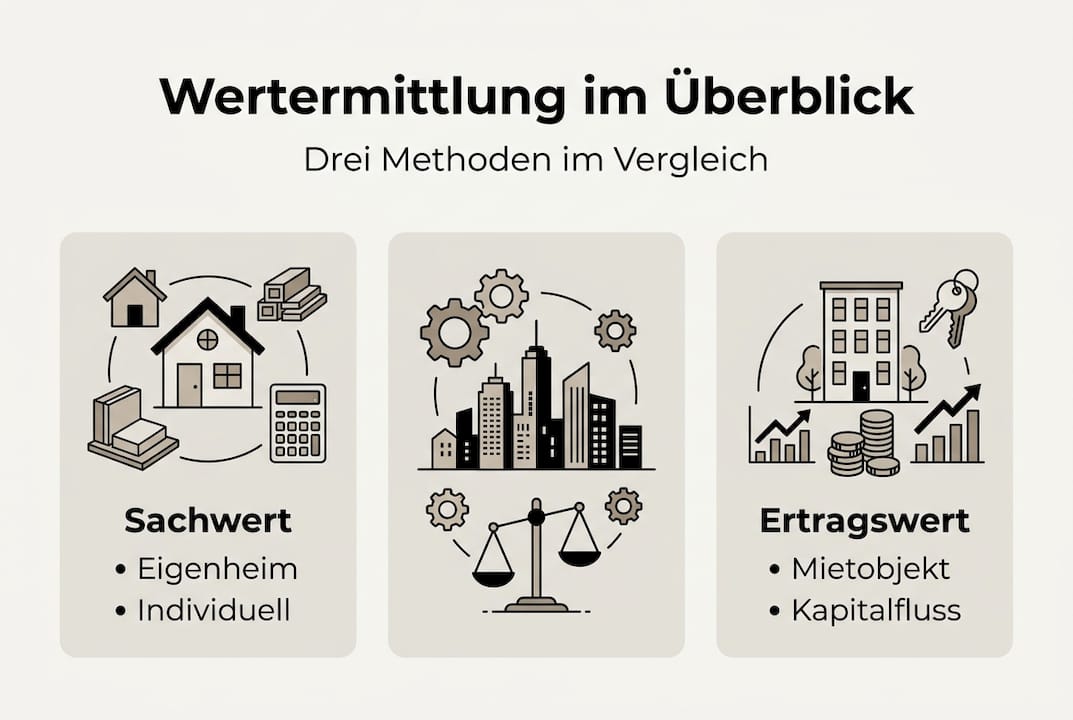 Die Infografik gibt einen Überblick über gängige Verfahren zur Wertermittlung von Immobilien.