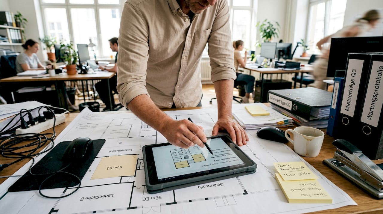Ein Bauleiter prüft im Büro mit seinem Tablet die aktuellen Baupläne.