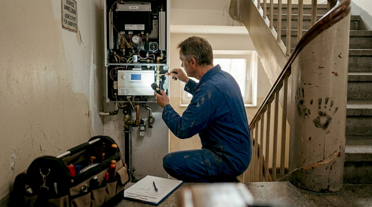 Ein Servicetechniker überprüft den Heizkessel im Treppenhaus.