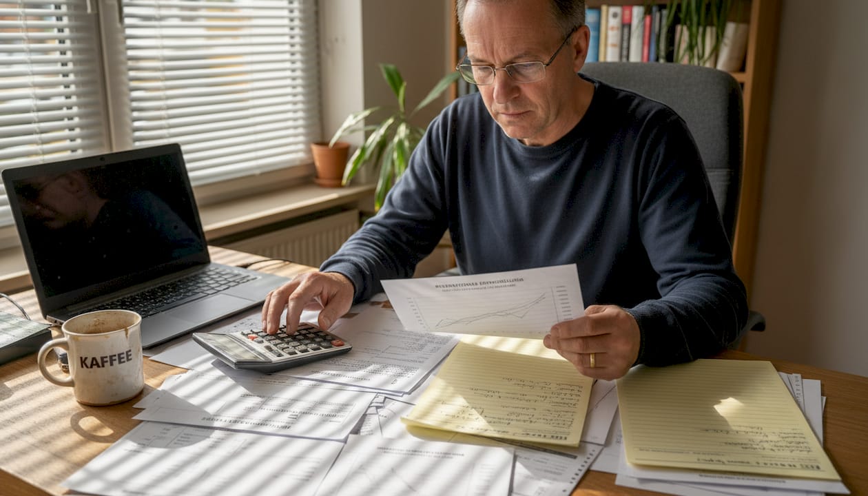 Ein Mann sichtet Unterlagen, um die finanzielle Rücklagenbildung zu planen.
