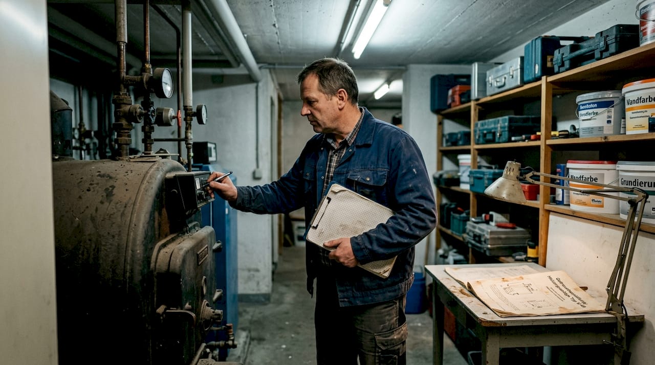 Der Hausmeister kontrolliert die Heizungsanlage im Keller.