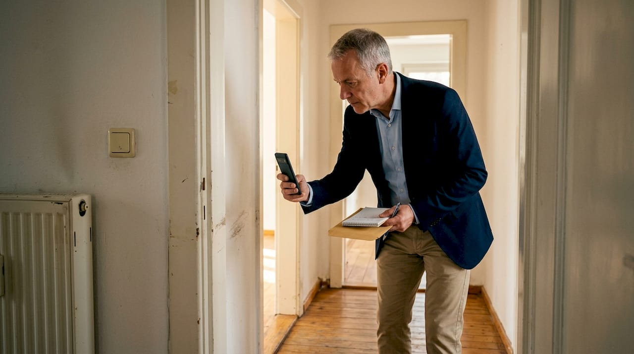 Ein Immobilienmakler dokumentiert den Zustand einer Wohnimmobilie mit Fotos.