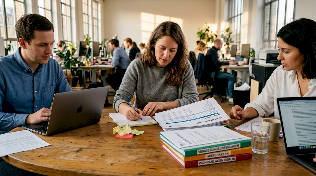 Ein Team sitzt zusammen und vergleicht die Kosten für die Verwaltung von Mietobjekten.