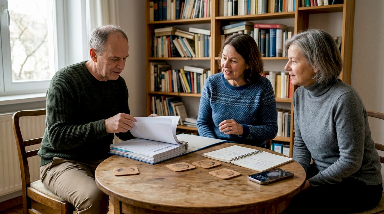 Am großen Wohnzimmertisch kommen die Eigentümer zusammen und tauschen sich offen über ihre Anliegen aus.