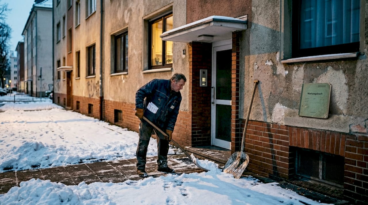 Ein Hausmeister räumt am Morgen den Schnee vor dem Eingang des Mietshauses weg.
