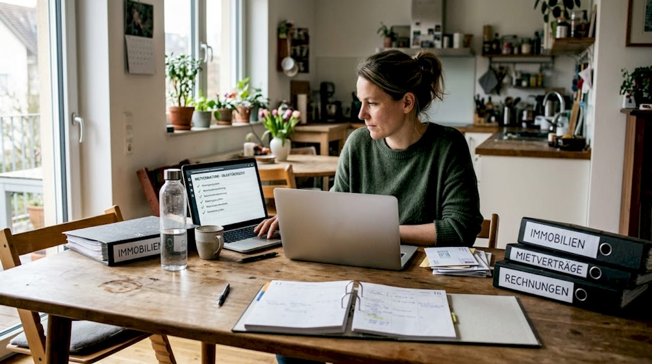 Am Küchentisch sitzt eine Frau und hakt Punkt für Punkt ihre To-Do-Liste ab.