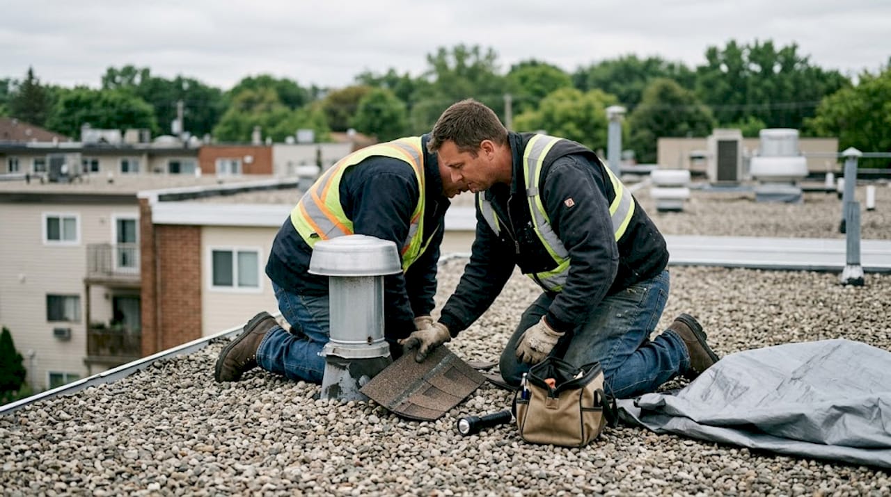 Ein Handwerker überprüft das Dach einer Wohnung auf mögliche Schäden.