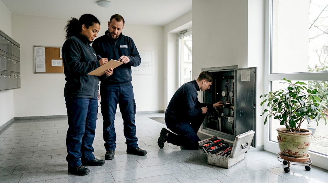Das Team überprüft den Zustand und die Wartung der Lobby in der Wohnanlage.