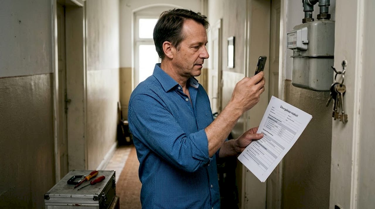 Mieter hält Wohnungsübergabe-Protokoll im Hausflur fest