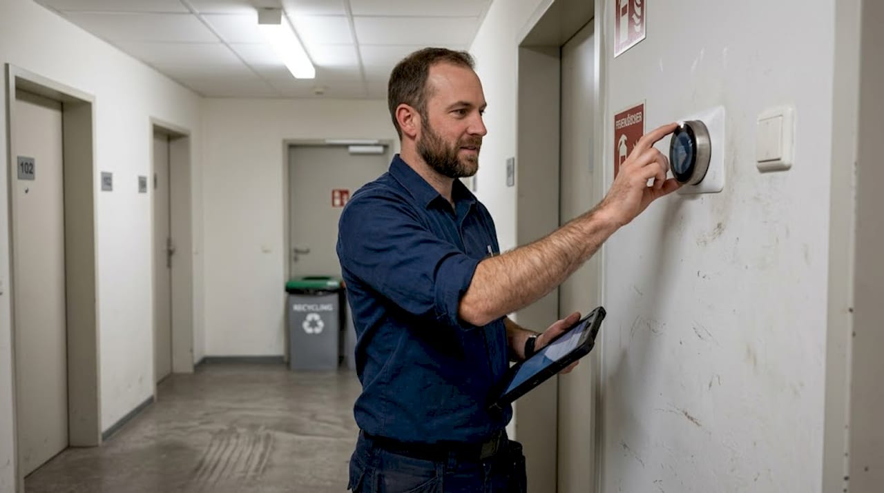 Ein Techniker stellt das smarte Thermostat im Flur ein.