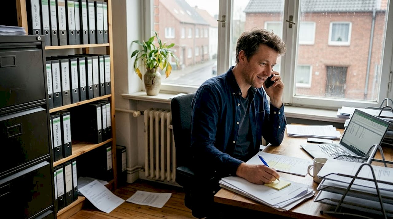 Der Vermieter führt im Büro ein Telefonat mit seinem Mieter.