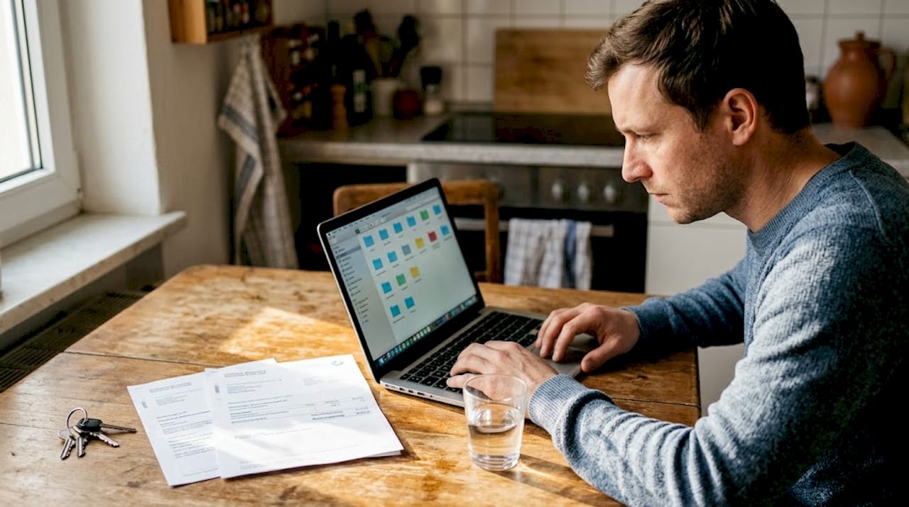 Ein Mann sortiert am Küchentisch seine digitalen Dokumente.