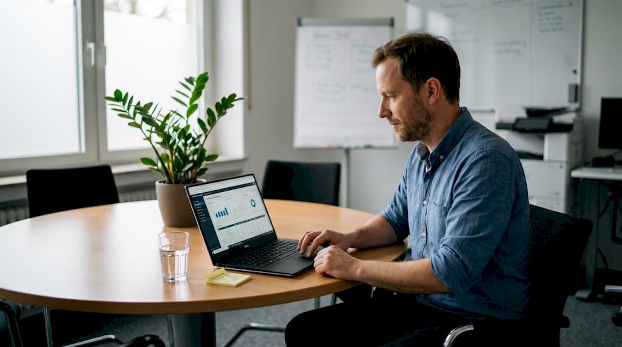 Ein Immobilienmanager wertet am Laptop verschiedene Daten aus.