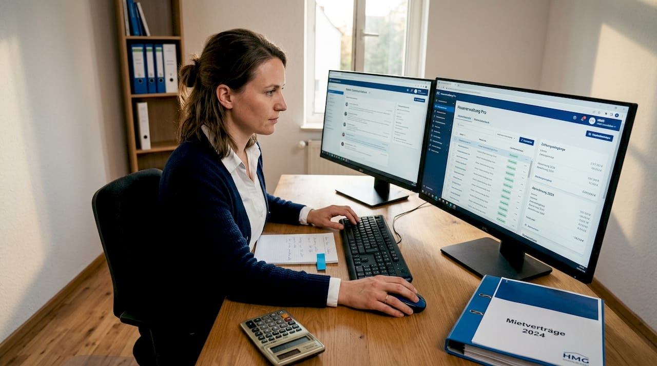 Eine Verwalterin arbeitet am Computer und setzt dabei moderne Softwarelösungen an ihrem Schreibtisch ein.