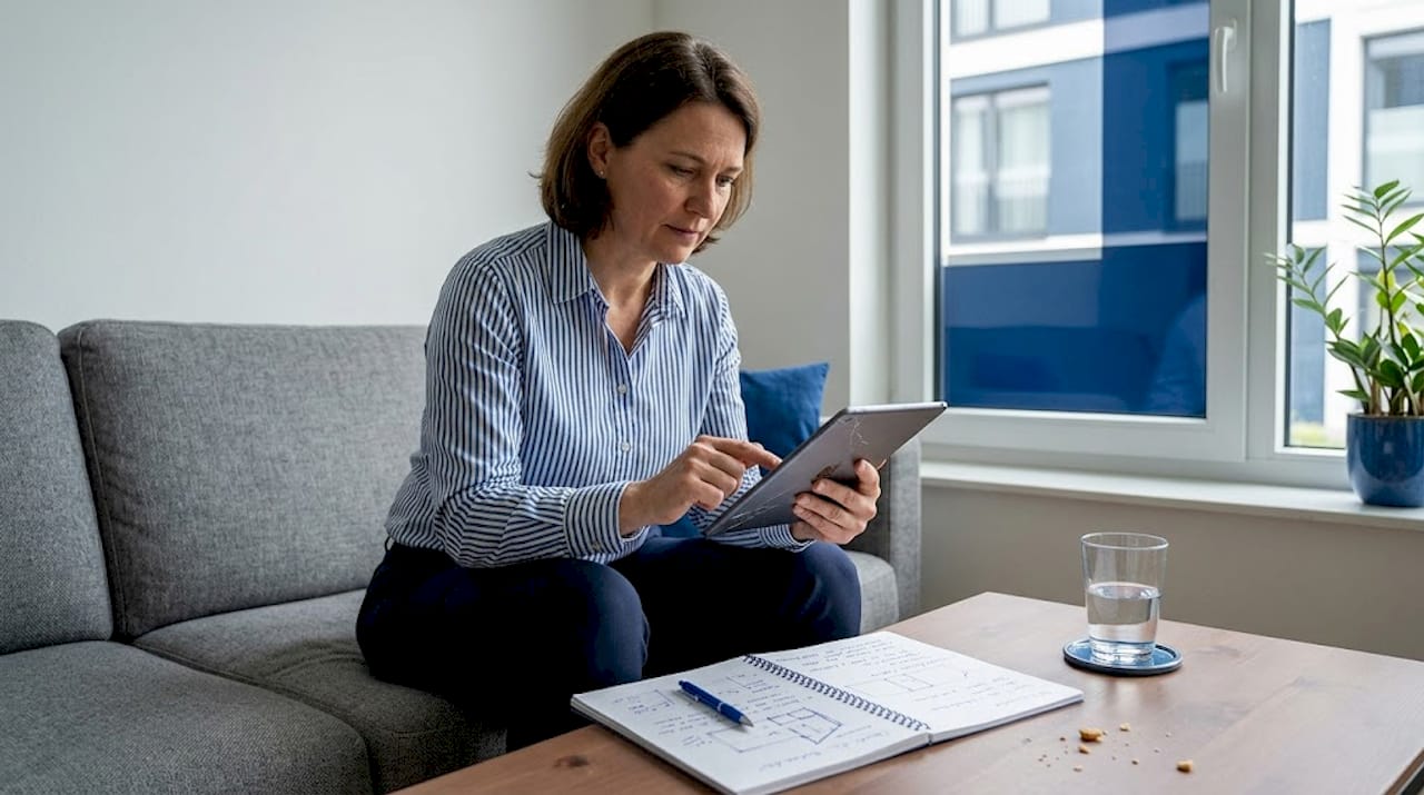 Im Wohnzimmer überprüft eine Frau die Gebäudedaten auf ihrem Tablet.