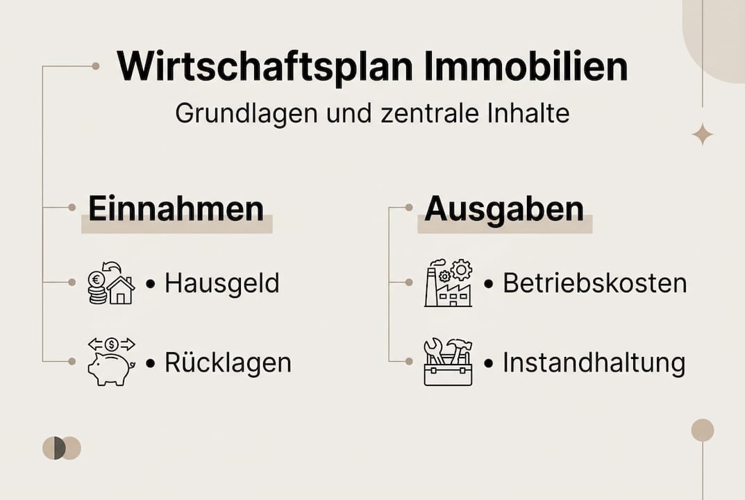 Diese Infografik vermittelt anschaulich die wichtigsten Grundlagen eines Immobilienwirtschaftsplans.