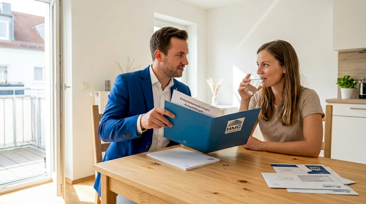 Der Vermieter prüft die Unterlagen des Mietinteressenten am Küchentisch.