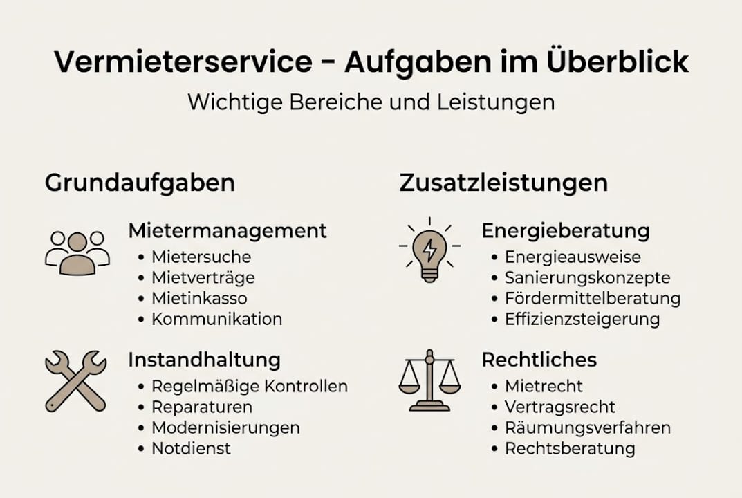 Übersicht der Leistungen und Aufgaben unseres Vermieterservices – anschaulich dargestellt in einer Infografik.