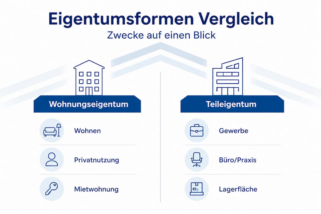 Infografik: Unterschiede zwischen Wohnungseigentum und Teileigentum auf einen Blick