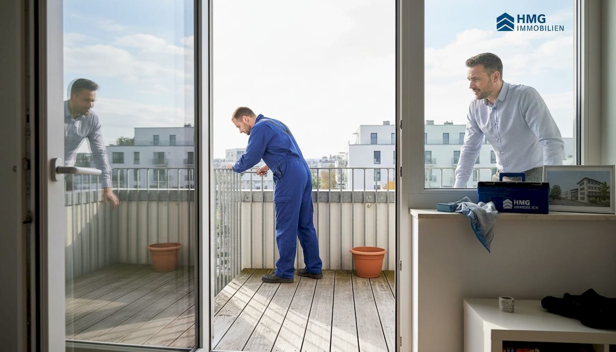 Ein Handwerker begutachtet gemeinsam mit dem Wohnungseigentümer den Balkon.