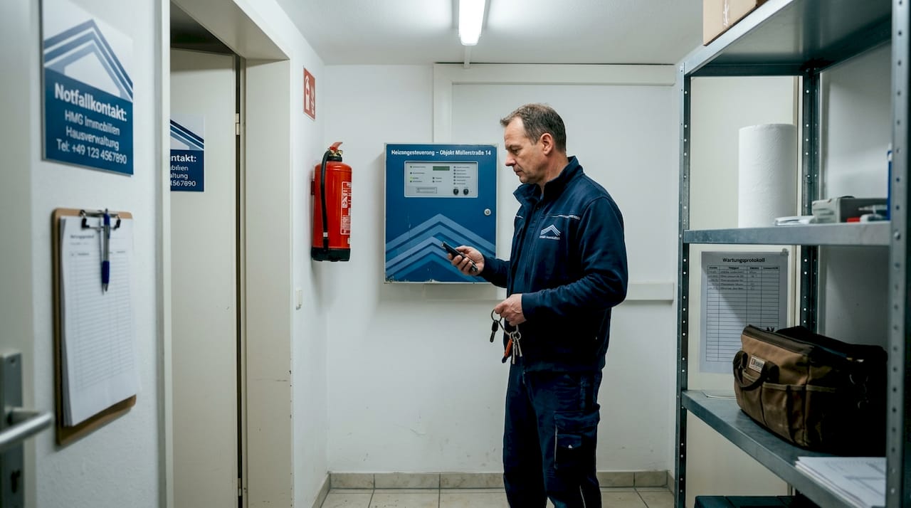 Der Haustechniker führt eine Kontrolle des Technikraums im Gebäude durch.
