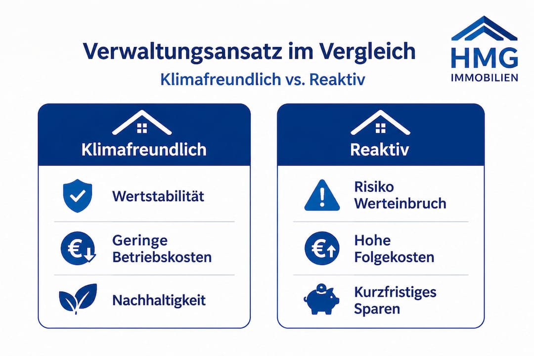 Grafik zum Vergleich nachhaltiger und herkömmlicher Ansätze in der Immobilienverwaltung