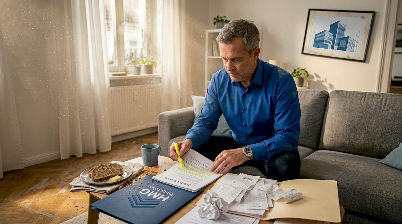 Ein Mann sitzt entspannt auf dem Sofa und geht seine Mietunterlagen durch.
