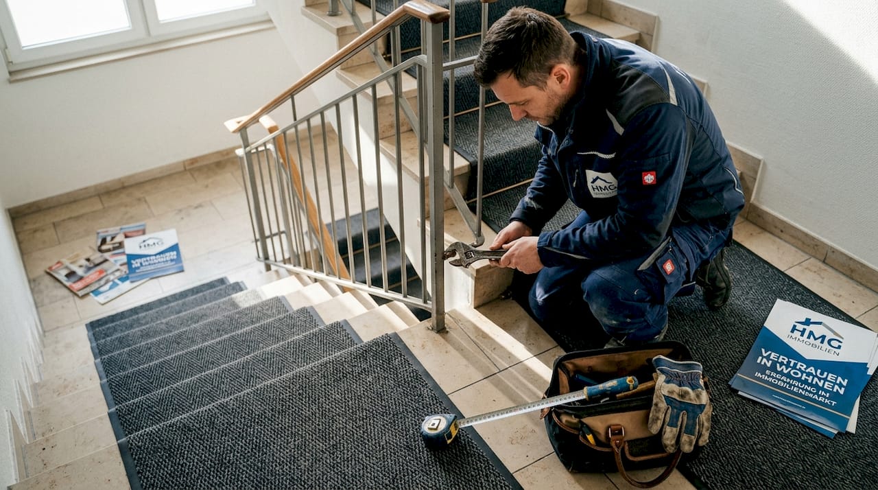 Ein Handwerker führt Wartungsarbeiten am Treppengeländer in einem Altbau durch.