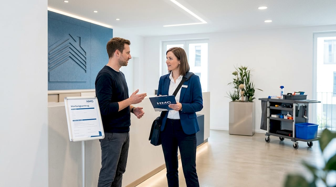 Die Hausverwalterin klärt im Treppenhaus mit den Bewohnern eine anstehende Reparatur.