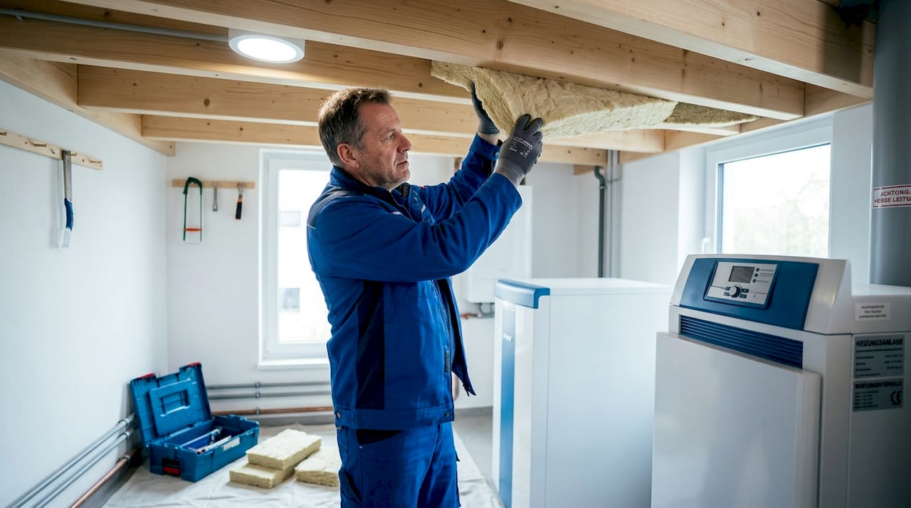 Ein Fachmann sorgt für die Dämmung des Kellers und übernimmt die Installation der neuen Heizungsanlage.