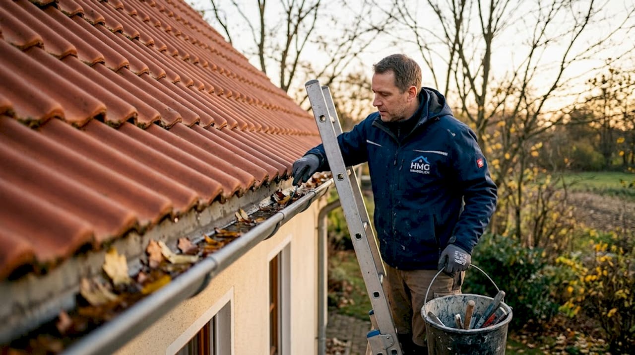 Im Herbst überprüfen erfahrene Handwerker die Dachrinnen, um sicherzustellen, dass Laub und Schmutz entfernt werden und das Regenwasser problemlos abfließen kann.