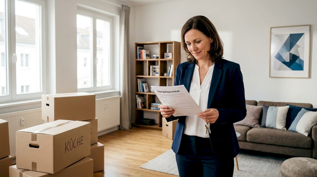 Eine Frau prüft beim Wohnungsübergabetermin sorgfältig alle Punkte auf ihrer Checkliste, um sicherzustellen, dass alles ordnungsgemäß übergeben wird.