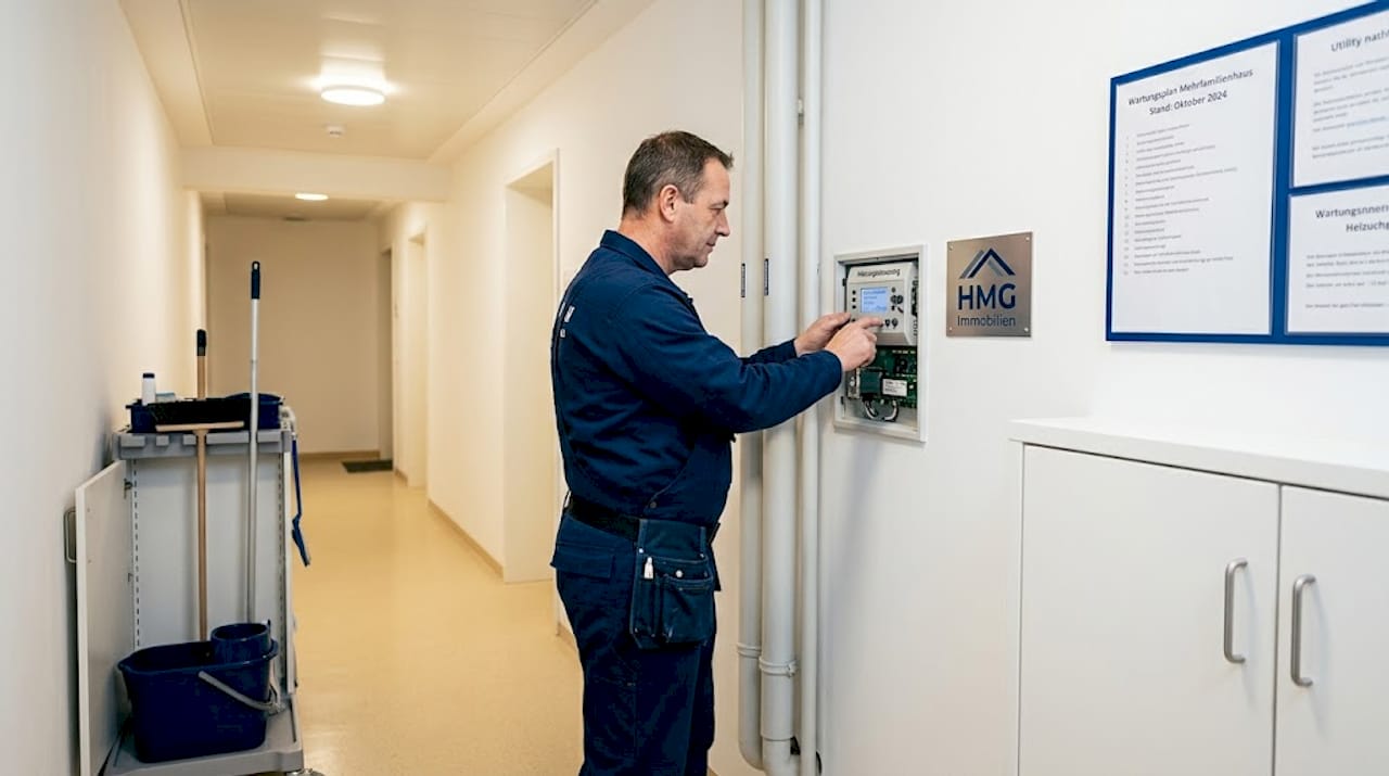 Der Hausmeister kümmert sich um die Wartung der zentralen Heizungsanlage im Haus.