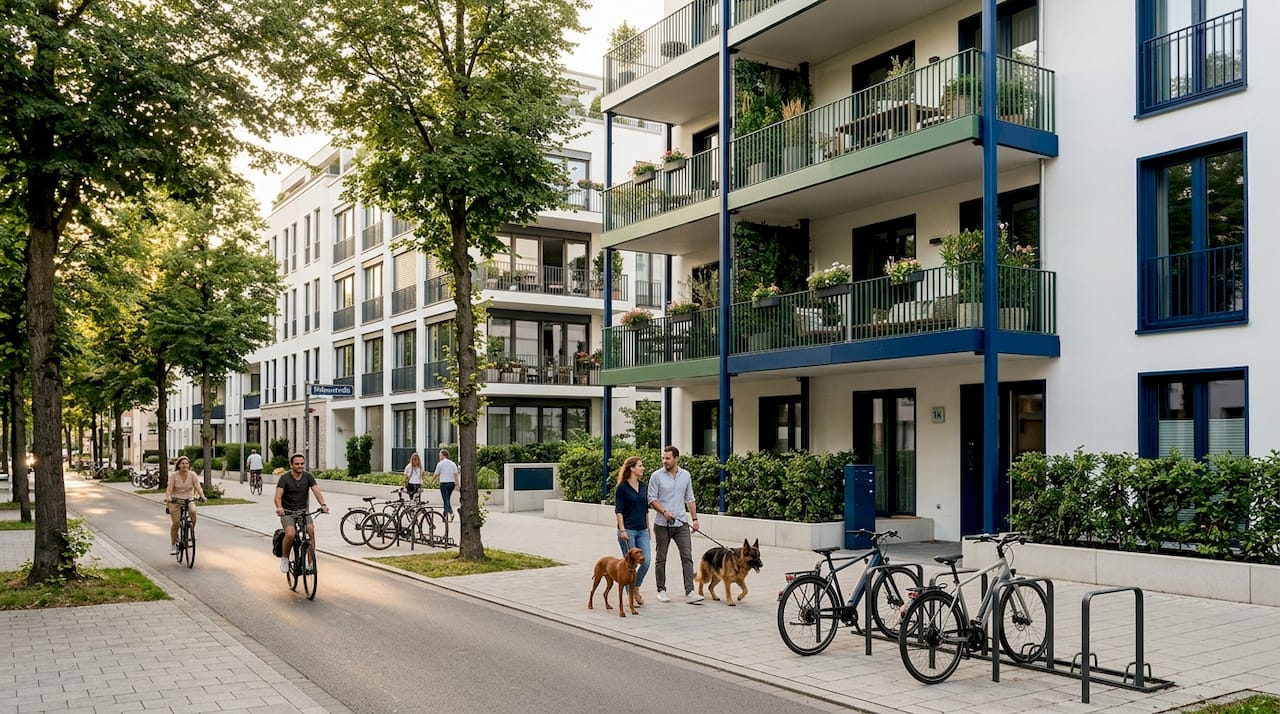 Typisches Bild einer modernen Wohnstraße in einer deutschen Großstadt: Neubauten mit großzügigen Fenstern, gepflegte Vorgärten, Fahrradständer und parkende Autos säumen die Straße. Zwischen den Häuserzeilen herrscht reges Treiben, Bewohner kommen und gehen, während das urbane Leben seinen Lauf nimmt.