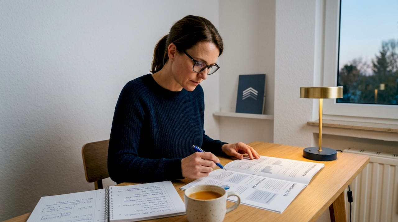 Eine Frau überprüft von zu Hause aus ihre Immobilienunterlagen.