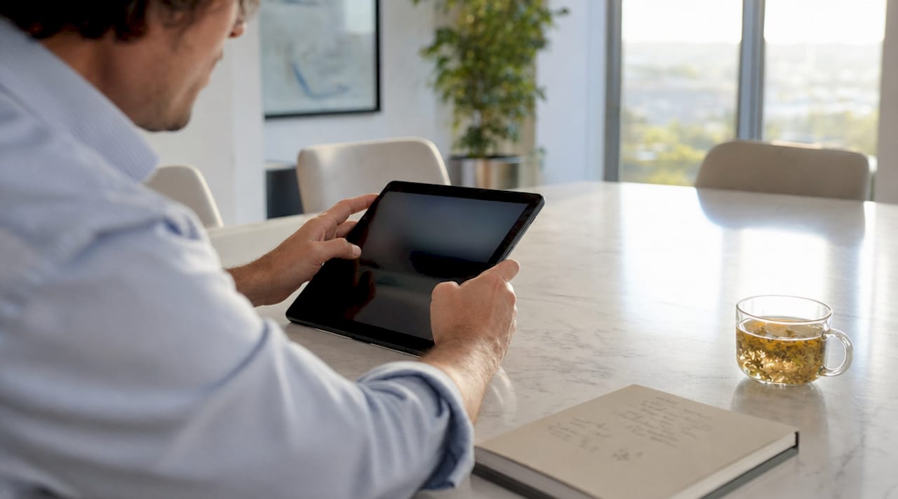 Eine Person hält ein Tablet während einer Besprechung zum Immobilienmanagement.
