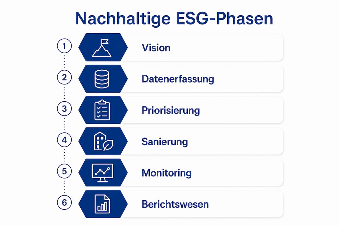 Übersicht: Die wichtigsten Schritte für eine nachhaltige Immobilienverwaltung – anschaulich dargestellt in einer Infografik