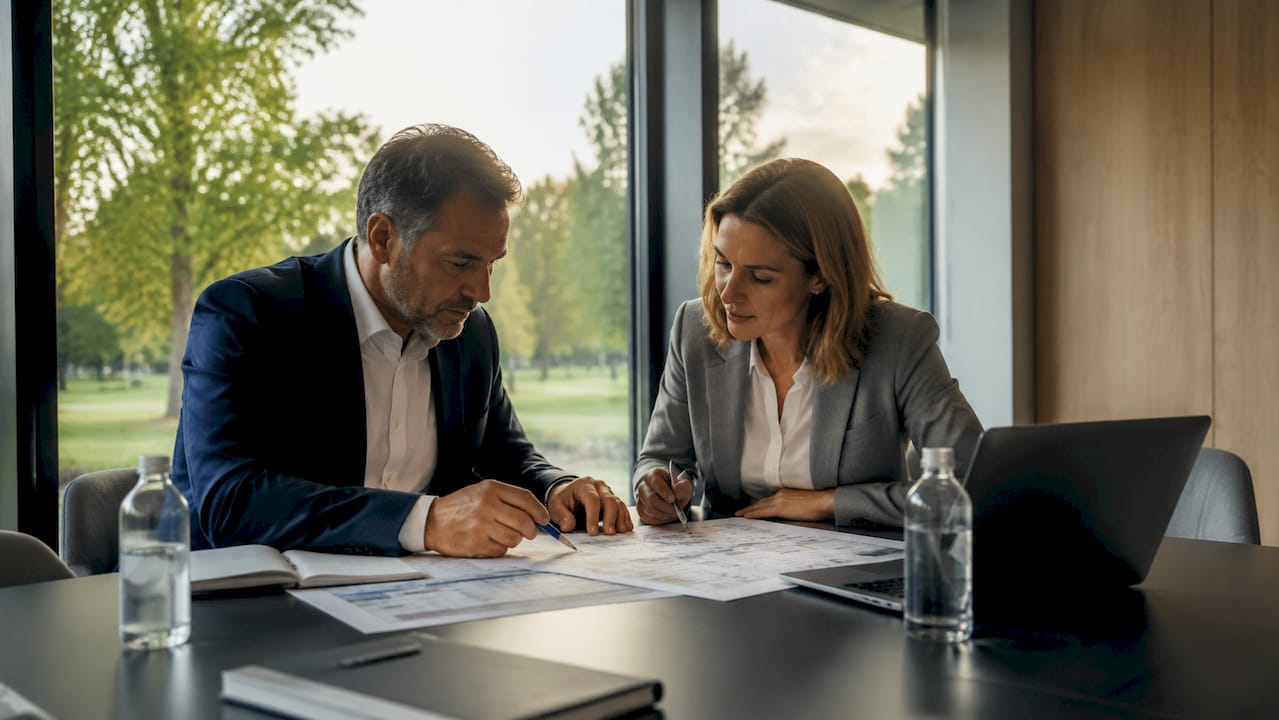 Zwei Consultants stimmen sich im Besprechungsraum zum Projektzeitplan ab.