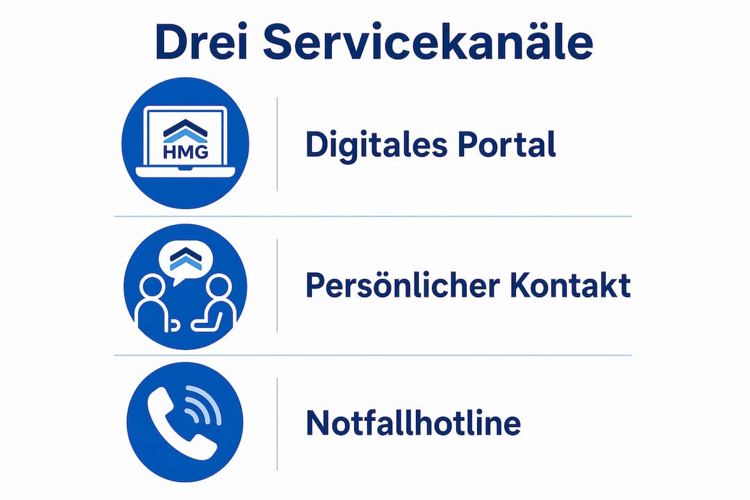 Grafik mit drei Servicekanälen für Mieter, übersichtlich in einer vertikalen Anordnung dargestellt